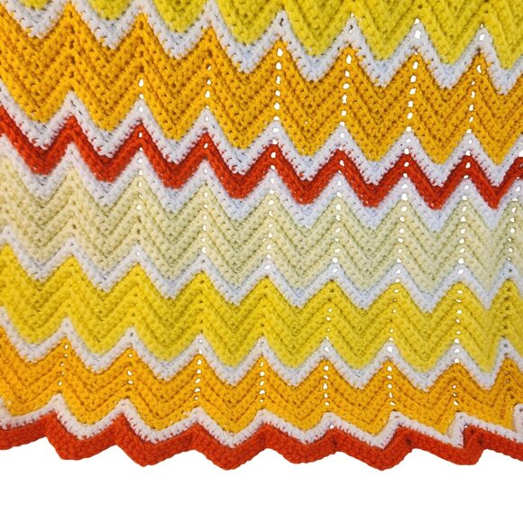 Handmade Crochet Blanket Chevron Zig Zag Pattern Yellow Orange White 42" x 36" A - Picture 3 of 7